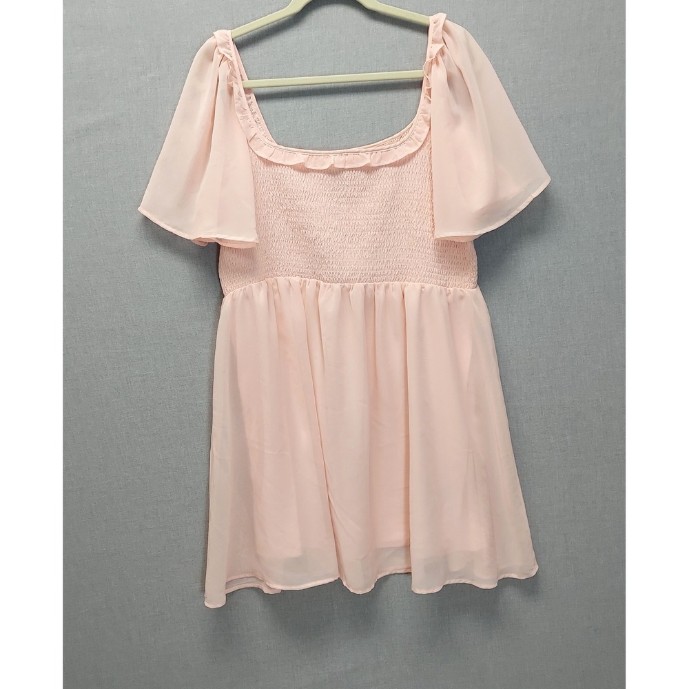 BCBG Smocked Peplum Top XXL Blush Pink Coquette Flutter Sleeve Sheer Romantic‎